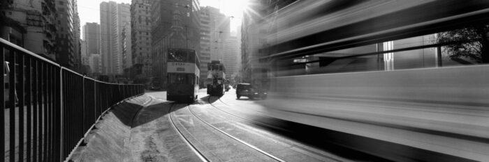 Trams rushing by in hong kong