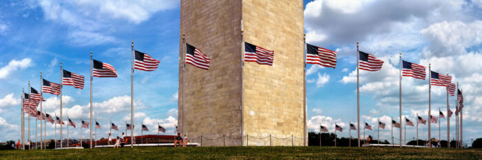 Washington DC monument and the American flag