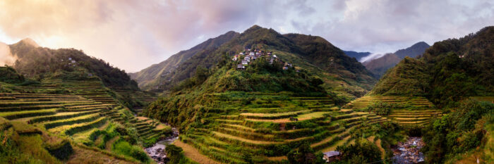 Cambulo rice terraces at sunset in the Philippines