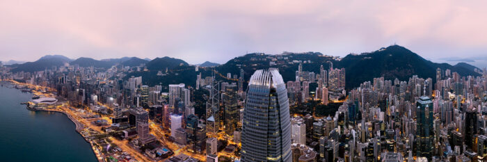Aerial Panorama of the Hong Kong Skyline at sunrise