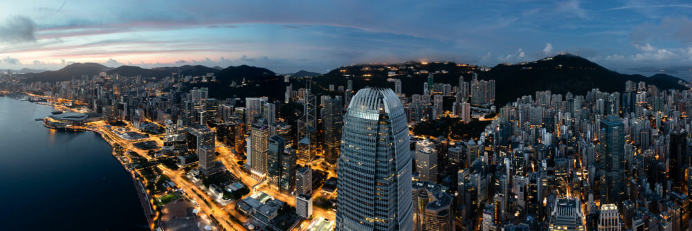 Aerial Panorama of the Hong Kong Skyline at sunrise