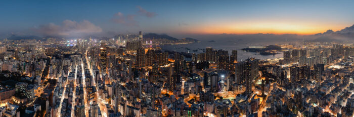 Hong Kong Kowloon panoramic cityscape at sunset