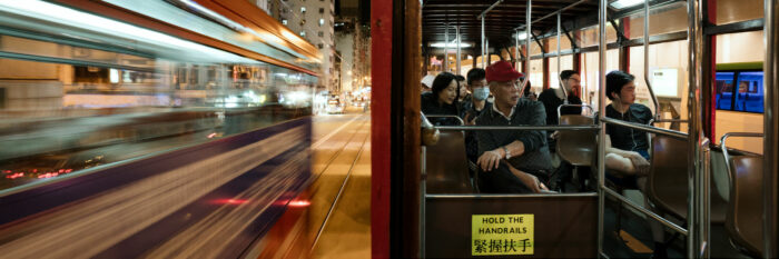 Scene on a Hong Kong tram a night