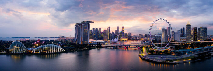 Aerial panoramic print of a beautiful sunset behind the Singapore City Skyline