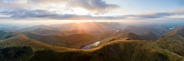 Aerial panorama over high street fell and Hayeswater in patterdale Lake District