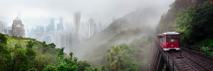 peak tram rising through the mist in hong kong