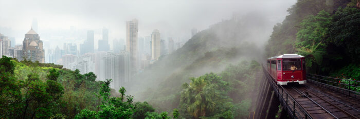 peak tram rising through the mist in hong kong