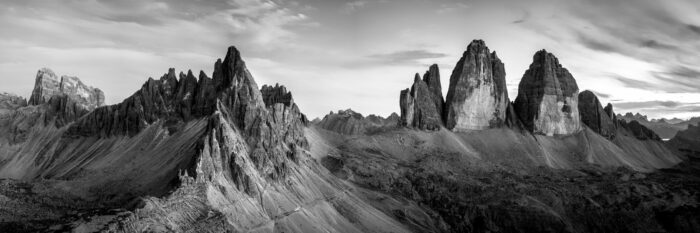 B&W panorama of the Tre Cime de Lavaredo Mountains in the Italian Dolomites