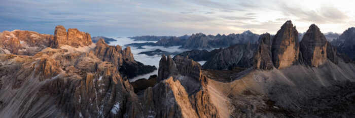 Panoramic aerial print of the Tre cime de lavaredo mountains at sunset in the Dolomites, Italy
