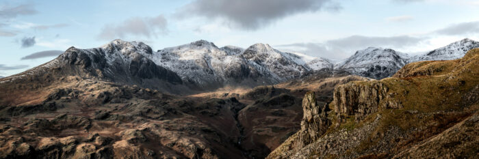 Panorama of the Eskdale needle and scafell pike in the lake district
