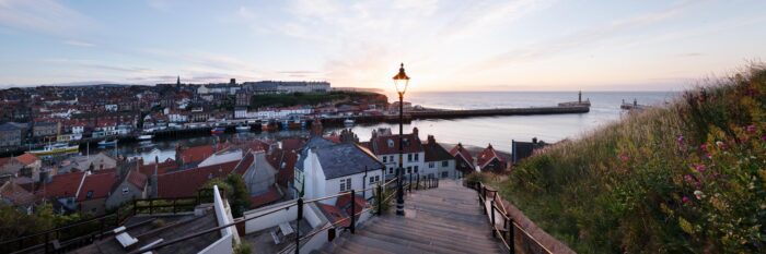 Panoramic art print of Whitby steps at sunset