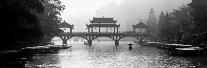 black and white panoramic print of Pheonix old town in china