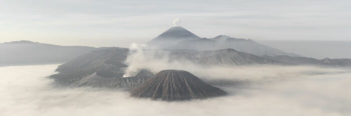 Panorama of Mount Bromo on a misty day cloud inversion