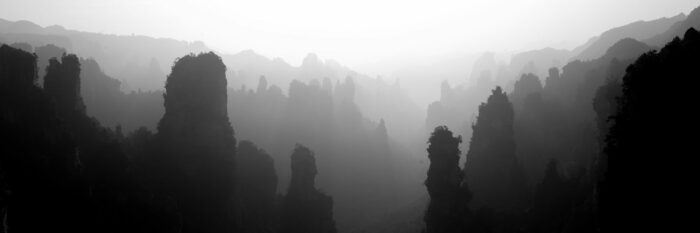 Panoramic black and white print of the avatar mountains in china