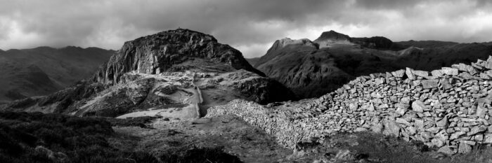 panoramic b&w print of the Langdale pikes from Lingmoor fell in the Lake District