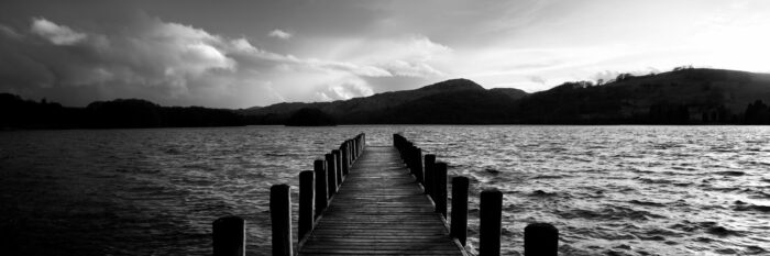 B&W panorama of a jetty in the lake district