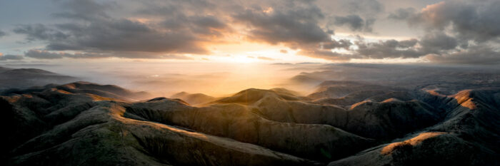 Aerial panorama of the Yorkshire Dales and Howgill fells and sunset