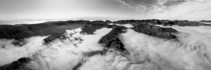black and white aerial of a cloud inversion in the Lake District