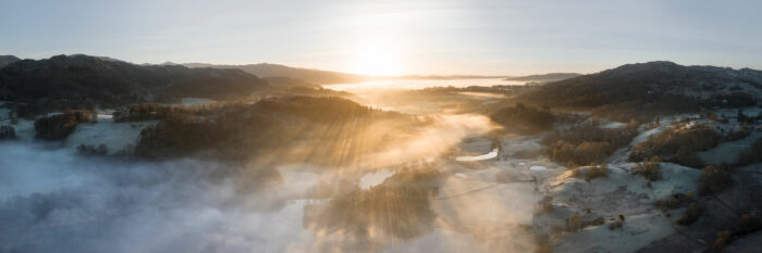 aerial above Skelwith Bridge and the River Brathay at sunrise
