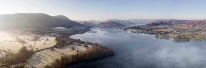 Ullswater lake on a frosty and misty morning in the Lake District