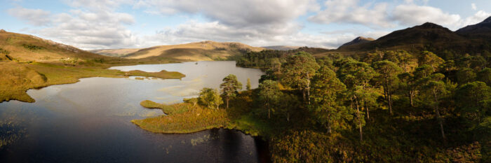 Aerial Panorama of Loch Clair in the Scottish Highlands