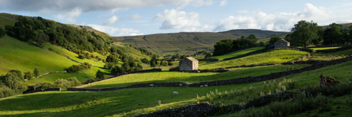 Panoramic of Keld and Thwait Barns and Fields in Swaledale, Yorkshire Dales