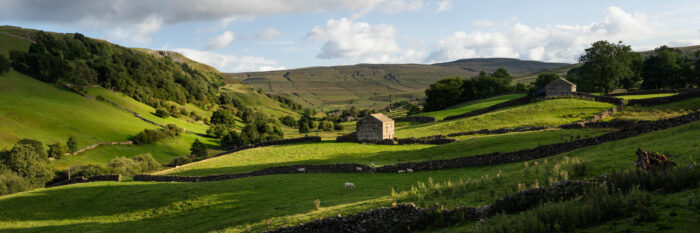 Panoramic of Keld and Thwait Barns and Fields in Swaledale, Yorkshire Dales