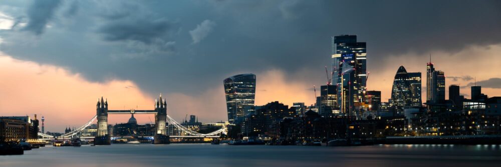 summer storm passing over the London skyline at sunset