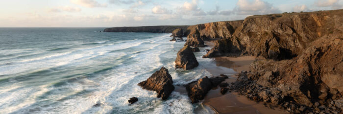 Panoramic Print of the Bedruthan Steps beach at sunset in Cornwall