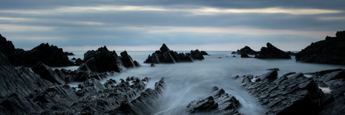 Panorama of Hartland Quay at twilight along the south west coast path in Devon