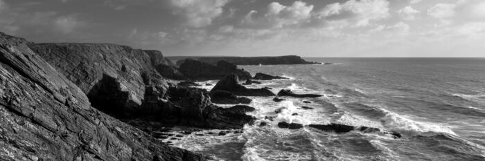 black and white panorama of the rocky Pembrokeshire coast