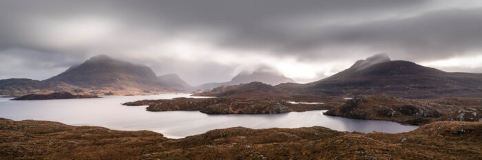 Panorama of Loch Sionascaig, Stac Polliadh Cul Mor mountains in the Scottish highlands