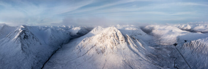 Panorama of the Mountains in Glencoe covered in snow in winter