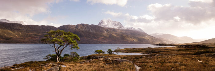 Panorama of Loch Maree and Slioch Mountain in the Highlands in Scotland