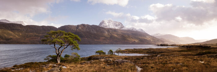 Panorama of Loch Maree and Slioch Mountain in the Highlands in Scotland