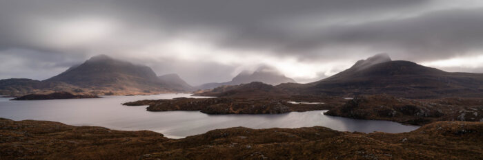 Panorama of Loch Sionascaig, Stac Polliadh Cul Mor mountains in the Scottish highlands