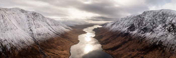 Aerial Panorama of Loch Etive in Glencoe Scotland