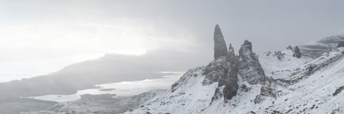 Panorama of the old man of Storr covered in snow in winter