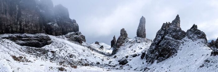 Panoramic framed print of the old man of Storr oil winter covered in snow on the Isle of Skye
