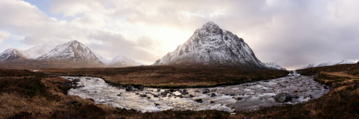 Panorama of the river couple and Stob Dearg mountain Buachaille Etive Mòr in Glencoe scotland