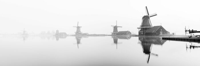 Panorama of the De Zaanse Schans Windmills in Black and White
