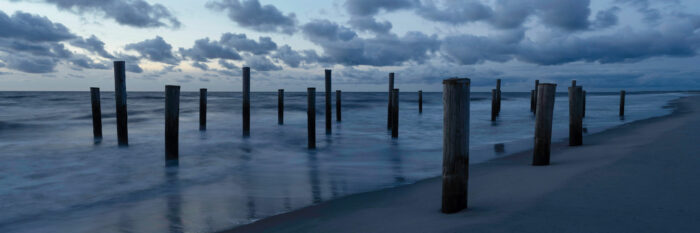 Panorama of Palendorp Petten beach in The Netherlands at sunset