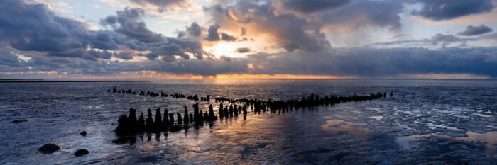 Panorama of the Waddenzee at sunset in The Netherlands
