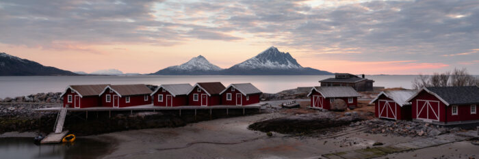 Panorama of the Tomma Islands and Red Fishing Huts in Nordland Norway