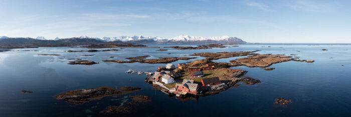 Aerial panorama of Håholmen fishing village in Norway