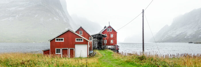 Panorama of a Norwegian Red House on Kjerkfjorden Fjord in the Lofoten Islands