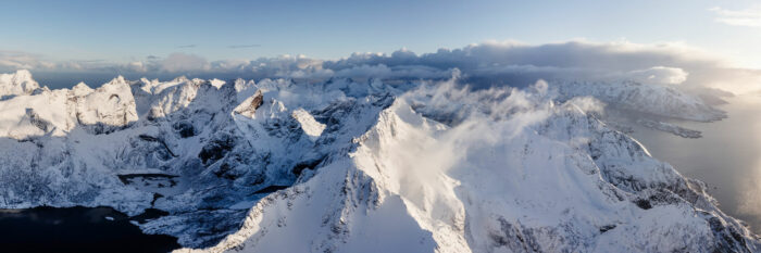 Aerial panorama of the mountains on Moskenes in the Lofoten Islands