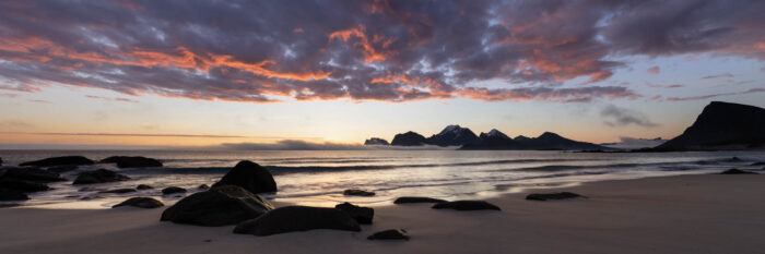 Panorama of the midnight sun at Storsandnes beach at sunrise in the Lofoten Islands