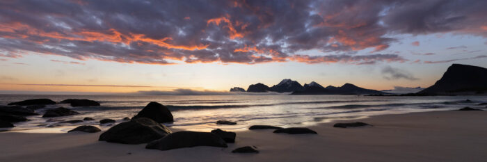 Panorama of the midnight sun at Storsandnes beach at sunrise in the Lofoten Islands