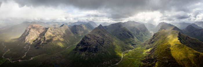 Aerial panoramic print of Glencoe and the Tree sisters mountains in the Highlands, Scotland